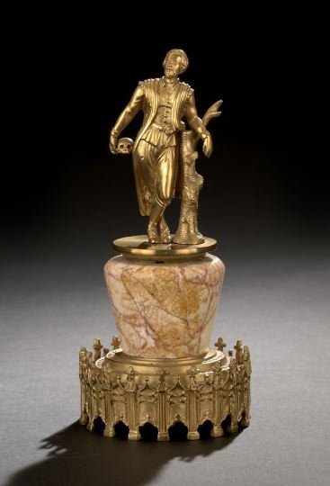 Continental Gilt-Bronze and Marble Cabinet Figure: Continental Gilt-Bronze and Marble Cabinet Figure of Hamlet, fourth quarter 19th century, in the Gothic taste, the prince depicted resting on a gnarled tree stump and clutching Yorick's skull, the sta