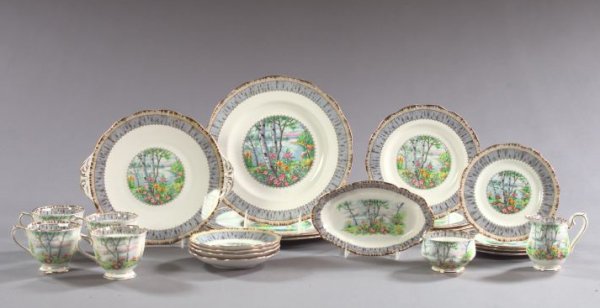 Staffordshire, Bone Porcelain Partial Dinner Servic: Twenty-Three-Piece Royal Albert, Staffordshire, Bone Porcelain Partial Dinner Service for Four Persons, second quarter 20th century, in "Silver Birch" decor, the service comprised of three dinner plat