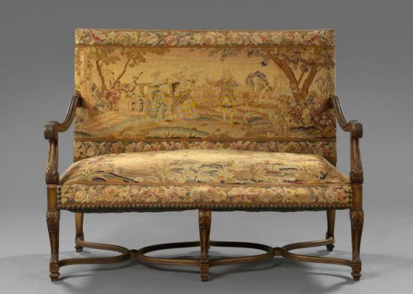 Louis XIV-Style Giltwood Settee,: Louis XIV-Style Giltwood Settees, third quarter 19th century, the padded rectangular back joined by downswept molded acanthine-carved arms to the padded seat, raised on shaped legs headed by acanthine