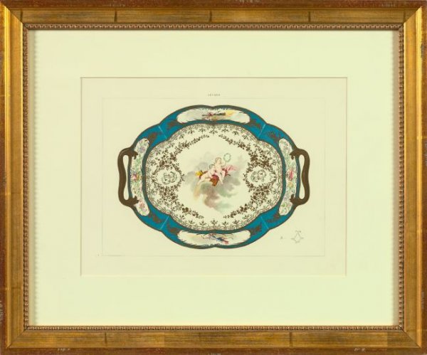 Edouard Garnier (French, 19th Century): Edouard Garnier (French, 19th Century) "Sevres Porcelain", suite of nine chromolithographs, Paris, 1880, five sight 14" x 10" and four sight 10" x 14". Glazed, matted and presented in beaded giltwood 