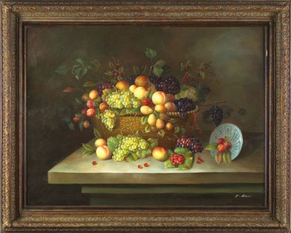 Continental School (21st Century): Continental School (21st Century) "Still Life with Fruit in Basket", oil on canvas, 36" x 48", signed lower right "J. Abraham". Presented in a giltwood exhibition frame.