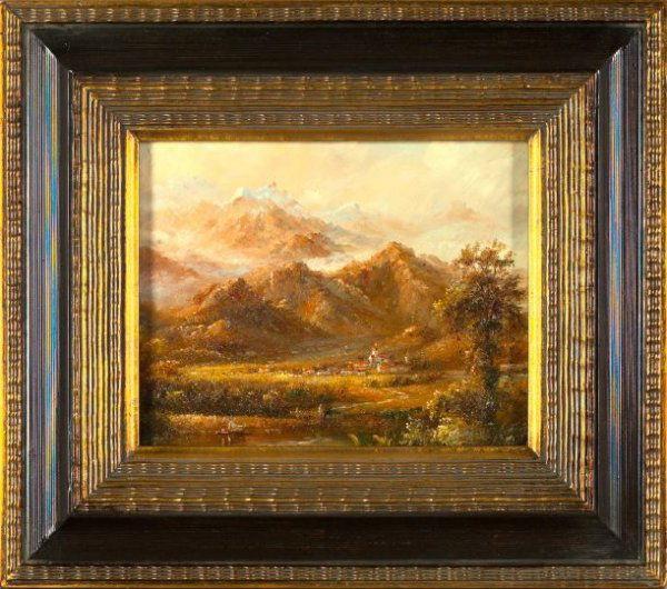 Continental School (21st Century): Continental School (21st Century) "View of a Mountain Valley", oil on panel, 8" x 10". Presented in an ebonized and parcel-gilt frame.