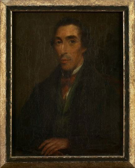 British School (19th Century): British School (19th Century) "Portrait of a Gentleman with Mustache and Red Neckerchief", oil on canvas, 14" x 10-1/2". Presented in an ebonized and parcel-silvered frame.