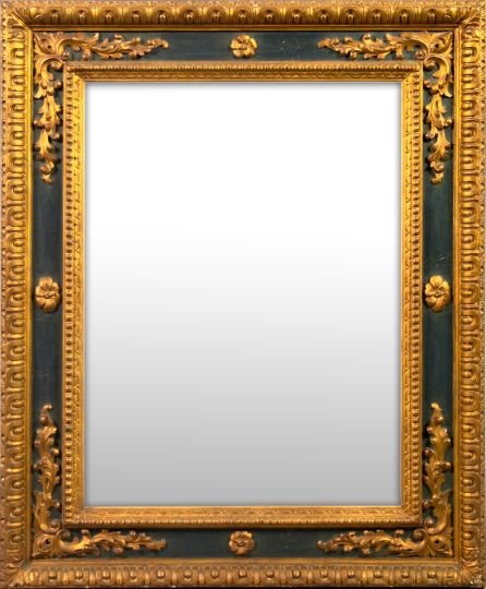 Large Spanish Black and Gold Carved Wood Mirror: Large Spanish Black and Gold Carved Wood Looking Glass, in the 18th-century style, each corner with relief-carved giltwood foliate scrolls, the rails centered with relief-carved giltwood rosettes, the