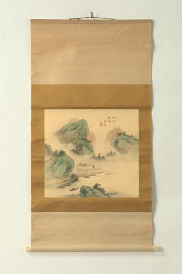 Collection of Three Japanese Scroll Paintings: Collection of Three Japanese Scroll Paintings, comprised of a large painting of travelers in a winter landscape, another of a misty river flowing through green mountains, and a smaller scroll of a pai