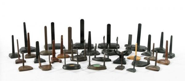 Chinese Carved Wooden Display Stands: Group of Thirty-Three Chinese Carved Wooden Display Stands, including plate, cup and saucer stands, all in various woods, h. 2" to 9-1/2".