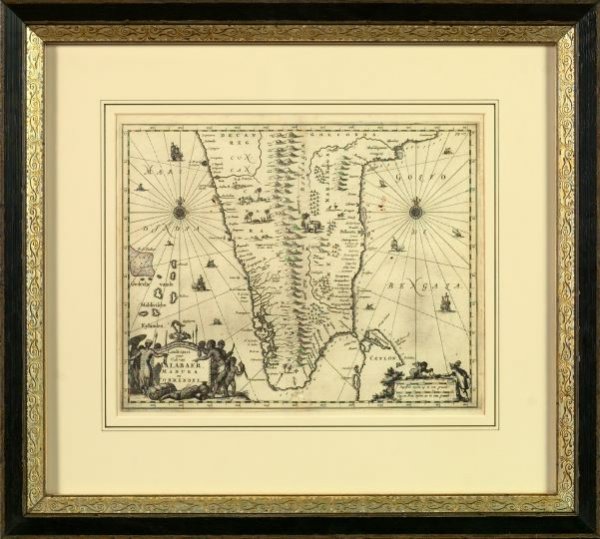 Engraved Map of the Coasts: Engraved Map of the Coasts of Malabar, Madura and Coromandel, third quarter 18th century, sight h. 11-1/4", w. 14-1/4". Presented in a black-detailed ivory French mat within an incised-carved giltwood