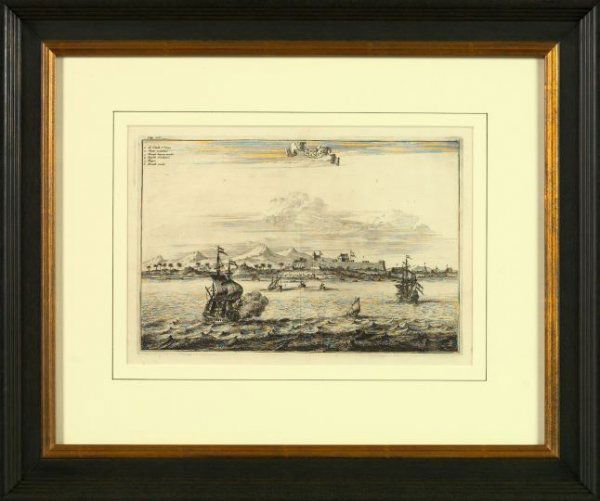 Dutch School (Late 19th Century): Dutch School (Late 19th Century) "St. Tome off the Coast of Coromandel" (St. Tome of de Kust van Coromandel), engraving, sight 8-1/4" x 12-1/2". Glazed and presented in a black-banded ivory mat within