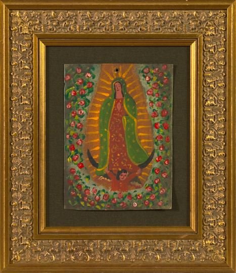 Spanish Colonial Polychromed Tin Panel,: Spanish Colonial Polychromed Tin Panel, featuring the Virgin Mary standing upon a black crescent, first quarter 20th century, presented on a dark moss green linen backplate within a carved giltwood an