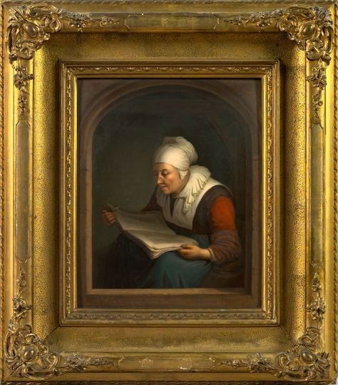 Hand-Painted Royal Berlin (KPM) Porcelain Plaque: Fine and Large Hand-Painted Royal Berlin (KPM) Porcelain Plaque, fourth quarter 19th century, depicting a 17th-century Dutch gentlewoman reading, the reverse of the plaque with full impressed and inci