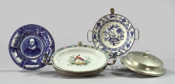 Group of Two Warming Dishes and a Plate,: Group of Two Warming Dishes and a Plate, first quarter 20th century, consisting of a Buffalo Manufacturing Company nickel-mounted pottery covered warming platter, of oval two-handled form in "Exotic P