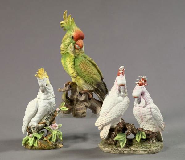 Andrea by Sadek Porcelain Figural Groups: Three Andrea by Sadek Hand-Painted Porcelain Figural Groups, depicting cockatoos, h. 8" to 11-3/4".