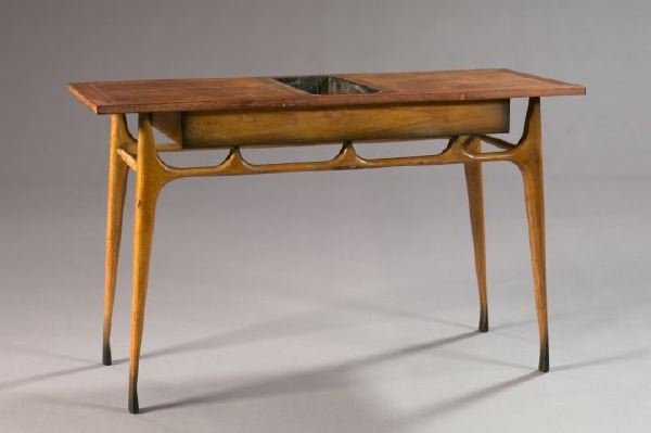 Modern Teakwood and Zinc-Lined Fernery Table: Interesting Mid-Century Modern Teakwood and Zinc-Lined Fernery Table, ca. 1950, the top with an inserted rectangular zinc jardiniere and a work surface to each side, h. 27", w. 44-1/4", d. 18".