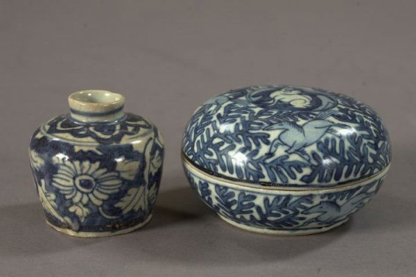Two Chinese Blue and White Porcelain Items,: Two Chinese Blue and White Porcelain Items, in the Ming style, consisting of a blue and white porcelain circular box of cushion form in "Horses and Pine Boughs" decor, h. 2-1/2", dia. 5", and a small