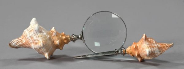 Italian Seashell-Mounted Chrome Desk Set: Two-Piece Italian Seashell-Mounted Chrome Desk Set, composed of a letter knife, l. 9", and a desk magnifier, l. 11", the natural shells forming the handles lightly waxed.