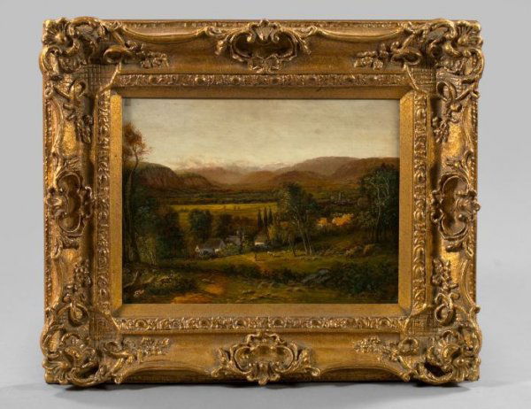 British School (Late 19th/Early 20th Century): British School (Late 19th/Early 20th Century) "View of Figures and a Village in a Mountain Valley", oil on panel, 12" x 16", indistinctly signed lower right. Presented in a contemporary giltwood frame