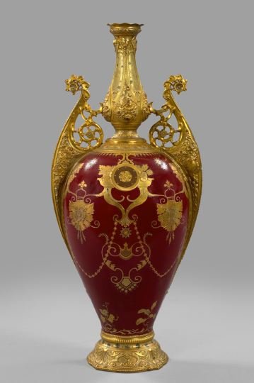 Fine Royal Crown Derby Porcelain Garniture Vase: Fine Royal Crown Derby Porcelain Garniture Vase, fourth quarter 19th century, the richly gilt and parcel-bronzed "pigeon-blood" ruby-ground two-handled vase in the Aesthetic taste, the interior of the