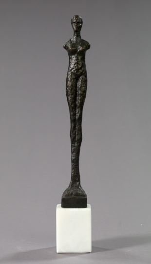 Follower of Alberto Giacometti (Italian, 1901-1966: Follower of Alberto Giacometti (Italian, 1901-1966) "Standing Woman", dark-patinated bronze figure on a satin-polished Carrere veine marble pedestal base, h. 20-1/2", w. 3", d. 3-1/8".