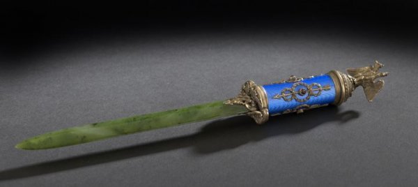 Faberge-Style Silver-Gilt, Jade Paper Knife: Faberge-Style Silver-Gilt, Enamel and Jade Paper Knife, in the manner of Henrik Wigstrom, the 84 zolotnik (.875) silver gilt handle of cylindrical form and decorated with royal blue guilloche enamel a