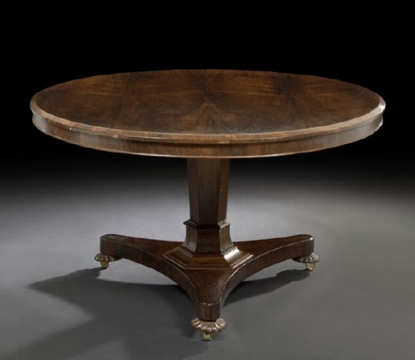 Regency Rosewood Center Table,: Regency Rosewood Center Table, first quarter 19th century, the highly figured tilting circular top raised on a tapering paneled columnar standard ending in molding on a concave tripartite base, the re