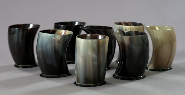 Anglo-Indian Footed Horn Drinking Beakers: Set of Eight Anglo-Indian Footed Horn Drinking Beakers, of polished black or brown/tan, in the traditional Raj style, h. 4-1/2".