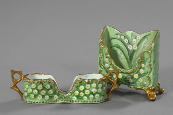 Limoges Hand-Painted Porcelain Desk Set: Two-Piece Limoges Hand-Painted Porcelain Desk Set, in "Lily of the Valley" decor, signed and dated 1902, the set comprised of a paper stand and an envelopes rack, h. 2-1/2" and 5".