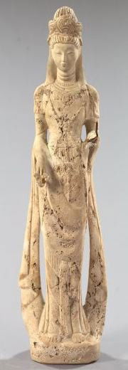 Chinese White Plaster Figure: Chinese White Plaster Figure of a Robed and Crowned Noblewoman, first quarter 20th century, in the Art Deco style, h. 29-1/2".