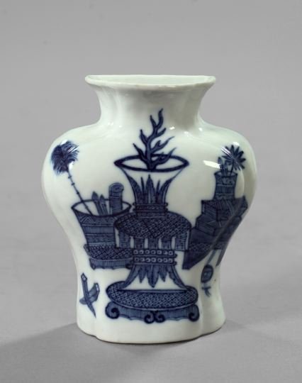 Tao Kuang Blue and White Porcelain Wall Vase,: Tao Kuang Blue and White Porcelain Wall Vase, second quarter 19th century, of flat-back form in "Scholar's" decor, h. 5-1/4".