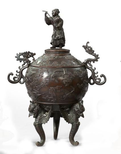 Kuang Hsu Patinated Bronze Brazier: Large and Dramatic Kuang Hsu Patinated Bronze Brazier, fourth quarter 19th century, of spherical tripodal form in "Celestial" decor, the handles modeled as a pair of dragons, the cover finial a robed