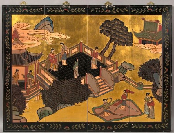Chinese Four-Panel Coromandel Screen: Chinese Four-Panel Gold-Ground Coromandel Screen, second quarter 20th century, of small size in "Mandarins" decor, each panel surmounted by a Chinese cut brass fret for suspension on a wall, each pane