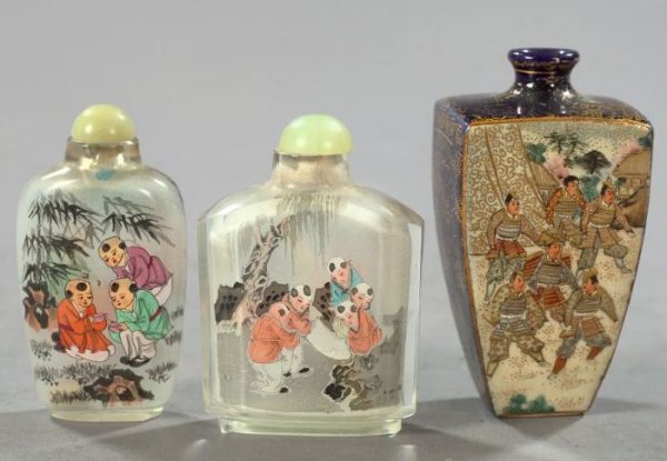 An Oriental Vase and Two Snuff Bottles,: An Oriental Vase and Two Snuff Bottles, the vase a diminutive Japanese Meiji Satsuma porcelain cabinet vase of tapered square section, with the facades decorated in "Samurai" and "Geishas" decor, the 