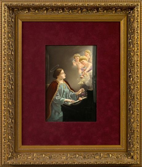 Good Hand-Painted Porcelain Plaque,: Good Hand-Painted Porcelain Plaque, fourth quarter 19th century, depicting "The Vision of St. Cecilia", presented in a broad claret velvet mat within a gilded carved wood and plaster frame in the late