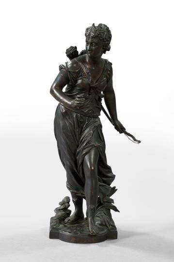 Eutrope Bouret (French, 1833-1906): Eutrope Bouret (French, 1833-1906) "Diana the Huntress", fourth quarter 19th century, dark-patinated bronze figure in the Louis XVI taste, signed at the proper right facade edge "Bouret", h. 14-1/2",