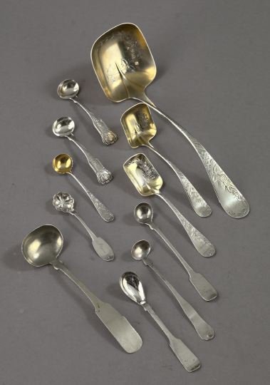 Collection of Eleven Silver Items,: Collection of Eleven Silver Items, consisting of a rare group of four Towle sterling silver and silver-gilt "Number 38, Engraved" serving pieces, the pattern introduced in 1880, comprised of a punch l