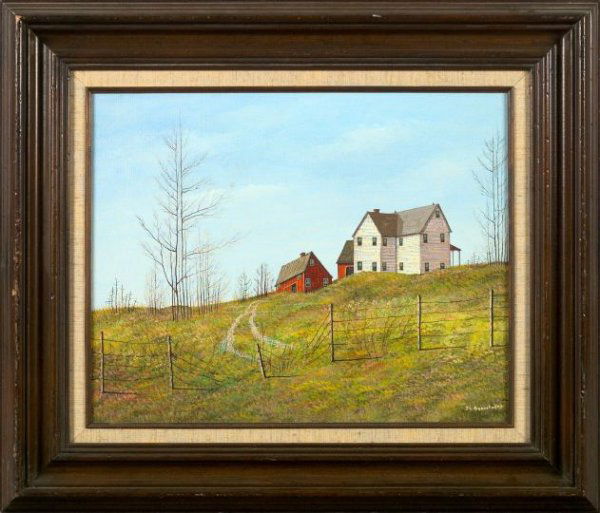 John Lewis Egenstafer (American/Pennsylvania): John Lewis Egenstafer (American/Pennsylvania, b. 1943) "Farmhouse on a Hilltop", oil on canvas, signed lower right "JL Egenstafer", 16" x 20". Framed.
