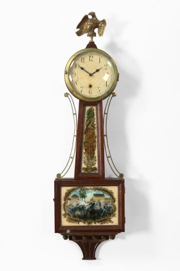 American "Centennial" Mahogany Wall Clock: Attractive American "Centennial" Mahogany Wall Clock, first quarter 20th century, the brass- and eglomise-mounted clock of "banjo" form, the circular dial surmounted by a brass displayed eagle with a 