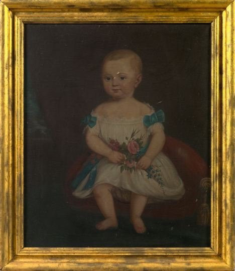 American School (Fourth Quarter 19th Century): American School (Fourth Quarter 19th Century) "Primitive Portrait of a Child in a White Dress Adorned with Blue Velvet Bows and Holding a Floral Spray", oil on canvas, unsigned, retains canvas stamp e