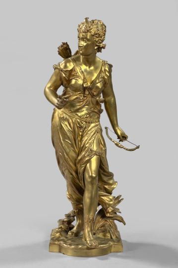 Augustin Moreau (French, 1822-1912): Augustin Moreau (French, 1822-1912) "Diana the Huntress", fourth quarter 19th century, a gold-patinated bronze figure in the manner of Jean-Baptiste Pigalle (French, 1714-1784), signed at the front pr