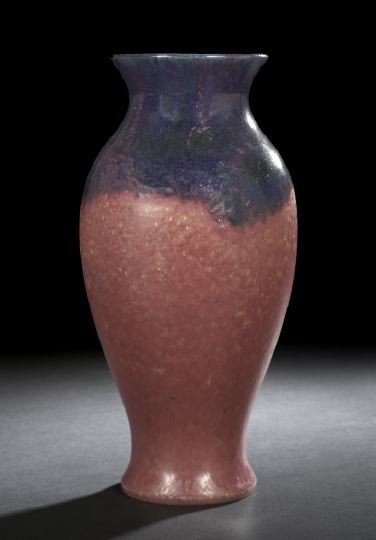 Fulper Pottery "Vasekraft" Vase,: Fulper Pottery "Vasekraft" Vase, first quarter 20th century, of baluster form, in gloss shaded cobalt blue over vellum plum, the base with the impressed vertical Fulper mark in stylized block letters,
