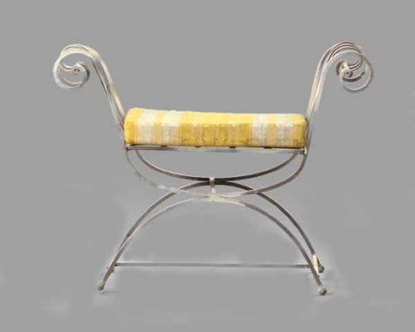Neoclassical-Style Polychromed Iron Window Seat: Neoclassical-Style Polychromed Iron Window Seat, the cushioned slatted seat flanked to either side by outscrolled arms, raised on a curule-form base ending in ball feet, h. 28", w. 36-1/4", d. 16-1/4"