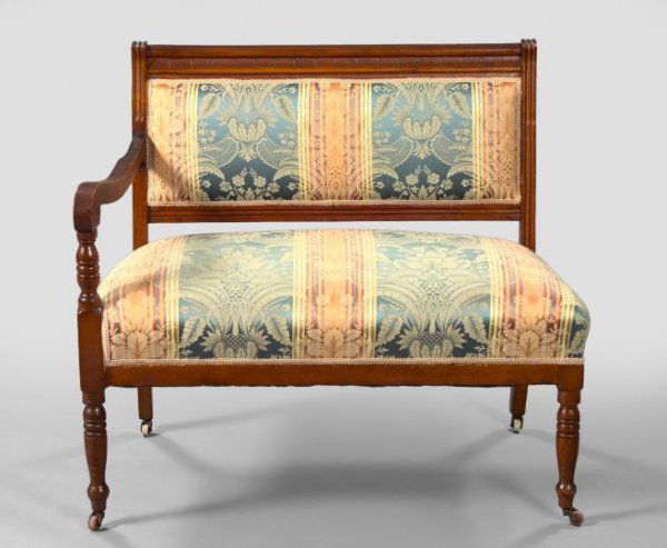 American Eastlake Cherry Single-Arm Settee,: American Eastlake Cherry Single-Arm Settee, ca. 1900, with molded and line-incised crest rail, the open arm of scroll form on a turned support, raised on similarly modeled legs, h. 32", w. 32-1/4", d.