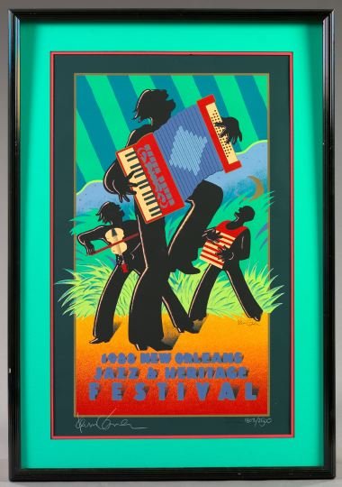 1988 New Orleans Jazz and Heritage Festival Poste: A 1988 New Orleans Jazz and Heritage Festival Poster, by Kevin Combs, signed lower left, numbered lower right "1803/2500", plate signed middle right, 31-1/2" x 20". Handsomely matted and presented in 