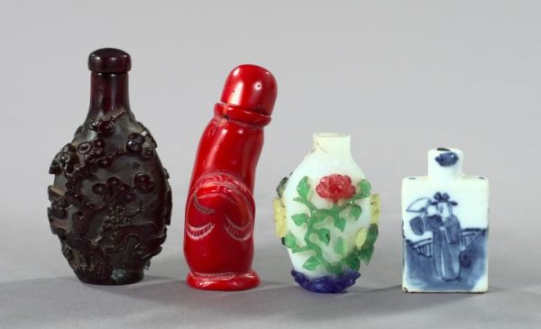 Interesting Collection of Four Chinese Snuff Bottle: Interesting Collection of Four Chinese Snuff Bottles, comprised of a phallic example in carved and polished red agate, second quarter 20th century; a diminutive Tao Kuang blue and white porcelain rect