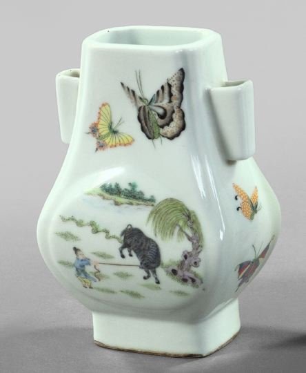 Tao Kuang Porcelain Two-Handled Vase,: Tao Kuang Porcelain Two-Handled Vase, second quarter 19th century, in "Water Buffalo and Butterflies" decor, the polychromed decoration on a white ground, h. 5-1/2", w. 3-3/4", d. 2-3/4".