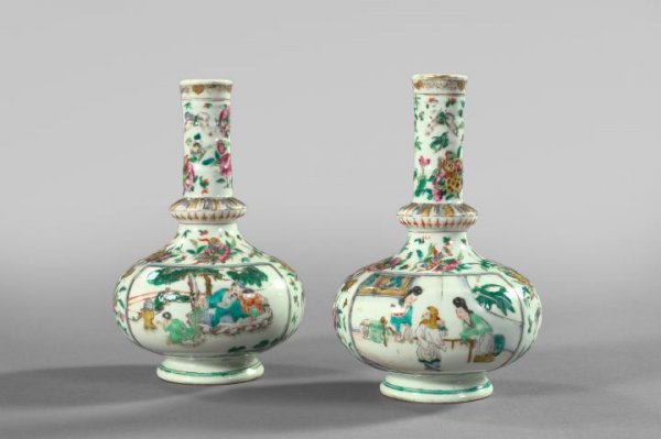 Pair of Tao Kuang Porcelain Garniture Vases,: Pair of Tao Kuang Porcelain Garniture Vases, of tall-neck bottle form and elaborately decorated in "Auspicious Symbols and Flowers" borders enframing "Mandarin" reserves, h. 7-1/8".