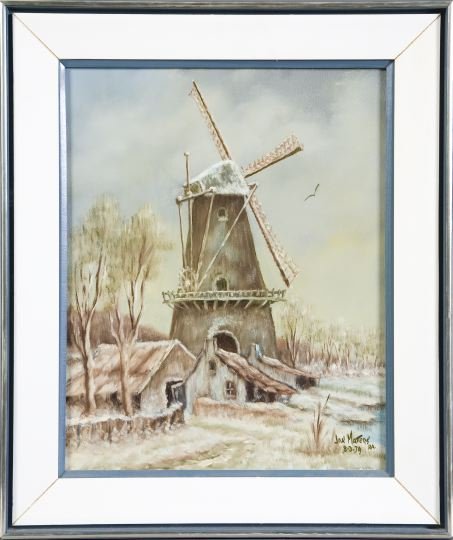 Jan Maters (Dutch, 20th Century): Jan Maters (Dutch, 20th Century) "Windmill in a Winter Landscape", oil on canvas, signed and dated lower right "Jan Maters RA 8-3-79", 20" x 16". Presented in a blue and white frame.