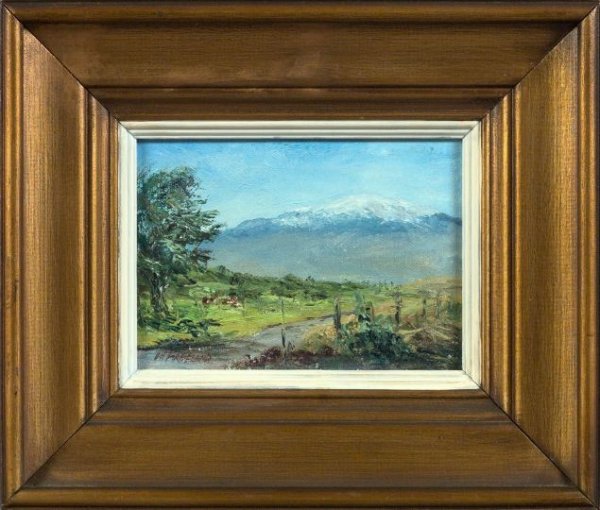 Betty Hay Freeland (American/Hawaii, Contemp.): Betty Hay Freeland (American/Hawaii, Contemporary) "Mauna Kea from Kohala Mountains", oil on canvas, 5" x 7", signed lower left "B H Freeland". Presented in a giltwood frame with painted fillet, the v