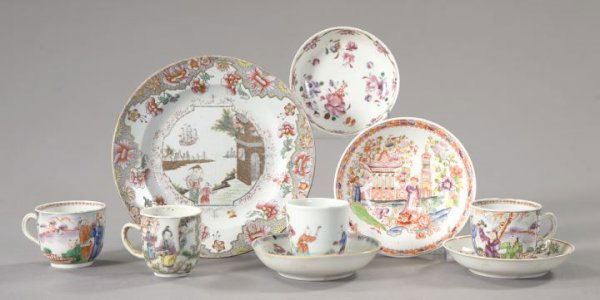Nine-Piece Collection of Porcelain,: Nine-Piece Collection of Porcelain, including a Spode ironstone dessert plate in the chinoiserie taste, first quarter 19th century; a Staffordshire rouge-de-fer transfer-printed porcelain deep saucer