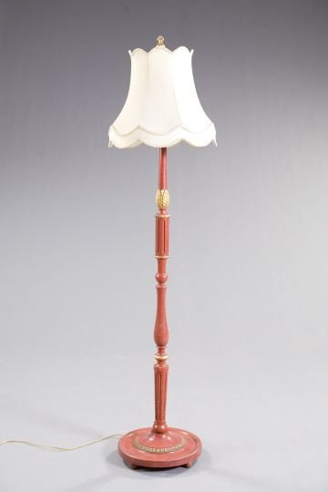 Chinese Parcel-Gilt Wooden Floor Lamp: American Carved, Chinese Red-Lacquered and Parcel-Gilt Wooden Floor Lamp, second quarter 20th century, of Regency inspiration, accompanied by a tall paneled white silk shade with a double scalloped ed