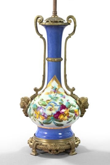 Brass-Mounted Paris Porcelain Tall-Neck Lamps: Brass-Mounted Paris Porcelain Tall-Neck Garniture Vase, third quarter 19th century, now presented as a table lamp, the two bronze-patinated handle terminals modeled as female masques, fitted with a sp